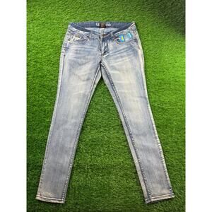 Luxirie Womens Skinny Jeans Light Wash Blue Sz 27 47 Patch Roots Life Love denim